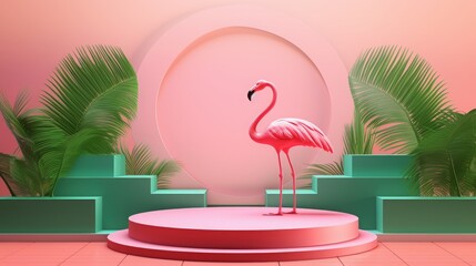 Sticker - Summer 3D podium background flamingo pink product pedestal party scene display beach. Podium platform 3D palm summer vacation backdrop pastel isolated spring studio stand flower template holiday.