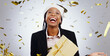 Portrait, confetti and business with black woman, present and celebration on a white studio background. Face, African person and employee with a gift, winning and hat with giveaway and achievement