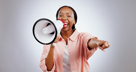 Wall Mural - Woman, megaphone and winner choice in announcement, broadcast or join us for opportunity on a white background. Portrait of African person pointing you for competition, bonus and winning in studio