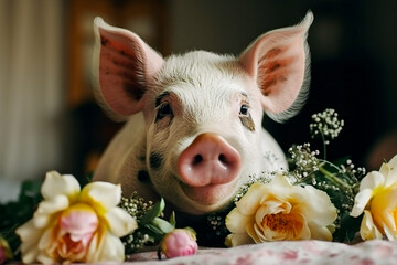 Portrait of a little pig with flowers, roses. Greeting card with pet farm animals. Year of the pig.