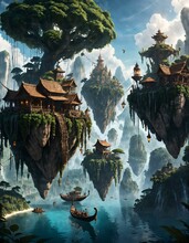 AI Generated Illustration Of A Fantasy Landscape Of Floating Small Islands With Small Buildings