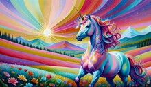 Majestic Unicorn In A Picturesque Meadow, Surrounded By Rolling Mountains, AI-generated.