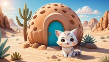 White Cat Outside Of A Small Wooden House In A Desert Setting, AI-generated.