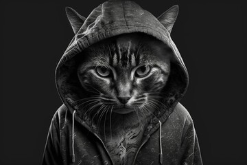 Abstract illustration of a black and white cat wearing a hooded sweatshirt
