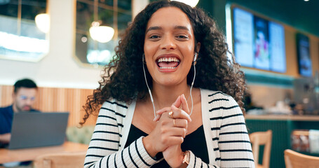 Poster - Woman, happy portrait or hands for video call in restaurant, online conference or remote work for fashion designer. Young person, mexican or face for career pride, technology or communication in cafe