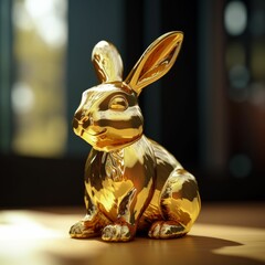 AI generated illustration of a golden rabbit sculpture displayed on a tabletop