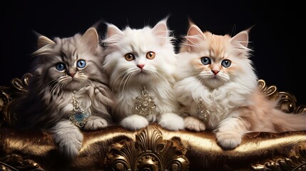 Sticker - The muzzles of three fluffy, light kittens on a black background. A group of white, purebred kittens lie on a dark background. Portrait. Cute pets.