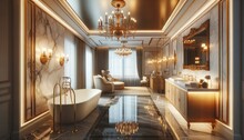 Photo of a luxurious bathroom with marble flooring, a freestanding bathtub, golden fixtures, a large mirror, and a chandelier. The room is illuminated with soft ambient lighting, creating a spa-like a