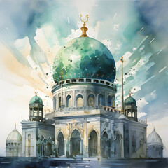 Watercolor Painting of Mosque Dome in Green and Navy