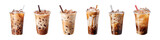 Collection of iced coffee in plastic takeaway glass isolated on a transparent background