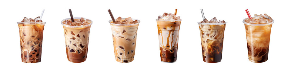 Wall Mural - Collection of iced coffee in plastic takeaway glass isolated on a transparent background