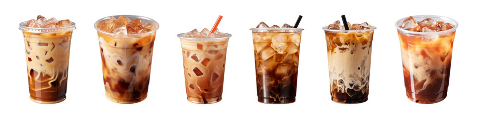 Wall Mural - Collection of iced coffee in plastic takeaway glass isolated on a transparent background