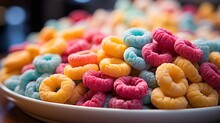 Generative AI Image Of A Close Up Of Colorful Cereal Rings