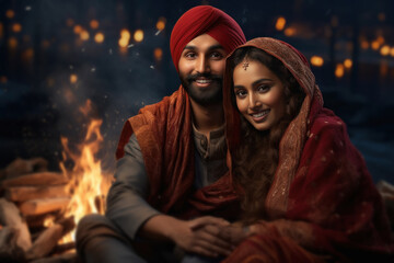 Young indian punjabi couple celebrating traditional festival.