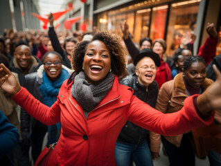 Multicultural Shopping Excitement:  An energetic image capturing the enthusiasm of a diverse group of people, including a smiling black woman and a smiling white woman with excitement and joy.