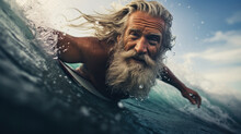 Beach, Water And Old Man Surfer Swimming On Summer Holiday Vacation In Retirement With Freedom In Ocean. Smile, Ocean And Senior Surfing Or Body Boarding Enjoying A Healthy Exercise On Sea.