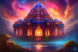 Fantasy art of an old hindu temple with dramatic skies.