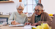 © Charlize D/peopleimages.com - Senior couple, budget and finance notebook with writing and life insurance information for will at table. Discussion, list and paper for process and bills review in print in a retirement home