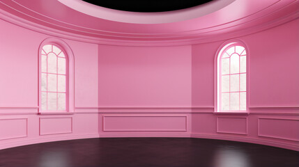 a room with a pink wall and two windows