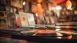 Inside an old record or vinyl shop. A music store with 1970s feel. Extremely shallow depth of field