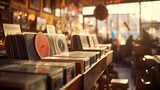 Fototapeta  - Inside an old record or vinyl shop. A music store with 1970s feel. Extremely shallow depth of field