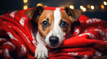 A Jack Russell Puppy On Soft Red Blanket And Looks At The Camera. Cute Dog Against Background Of Christmas Tree Garlands