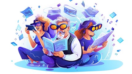 Wall Mural -  illustration in cartoon style people in vr glasses working reading news dealing with crypro currency meating with colleagues.illustration