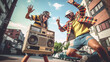 90s teens dance with boombox in the city