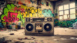 © Suralai - 1980s retro boombox in graffiti-covered room.generative ai