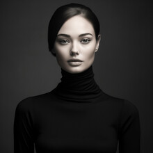 Black And White Fashion Art Studio Portrait Of Beautiful Elegant Woman In Black Turtleneck, Ai Technology