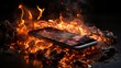 Burning cell phone. Mobile phone on fire. Burning smartphone.