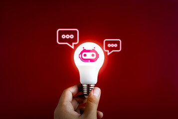 Poster - AI chat bot for creativity concept. Digital smart robot assistant  with speech bubbles icon in lightbulb. Inspiration and idea searching automatic service with artificial intelligence technology.