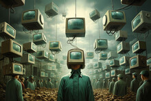 People with TV screens on the brain, addicted to social media, manipulation and mind control, by media, teenager disconnected to reality 