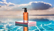 New naturalism concept, minimal background for branding and product presentation. Cosmetic bottle on glass podium on crystal water surface on tender sunset sky background. Ai generate. 
