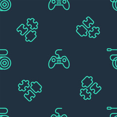 Poster - Set line Gamepad, Puzzle pieces toy and Yoyo on seamless pattern. Vector