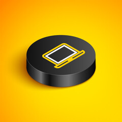 Poster - Isometric line Laptop icon isolated on yellow background. Computer notebook with empty screen sign. Black circle button. Vector