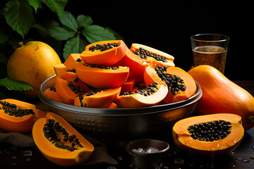 Plate with fresh juicy cut papayas on wooden table. tropical fruit. space for text