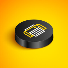 Poster - Isometric line Printer icon isolated on yellow background. Black circle button. Vector