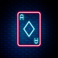 Poster - Glowing neon line Playing card with diamonds symbol icon isolated on brick wall background. Casino gambling. Colorful outline concept. Vector