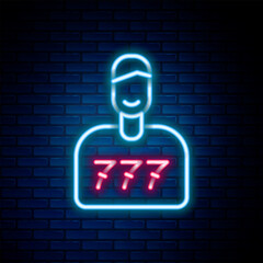 Poster - Glowing neon line Lucky player icon isolated on brick wall background. Colorful outline concept. Vector