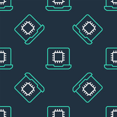 Poster - Line Computer processor with microcircuits CPU icon isolated seamless pattern on black background. Chip or cpu with circuit board. Micro processor. Vector