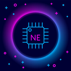 Poster - glowing neon line computer processor with microcircuits cpu icon isolated on black background. chip 