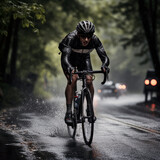 Fototapeta Londyn - Rainy City Commute Cyclist in Motion on Wet Road with Helmet and Winter Gear
