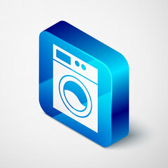 Sticker - Isometric Washer icon isolated on grey background. Washing machine icon. Clothes washer - laundry machine. Home appliance symbol. Blue square button. Vector