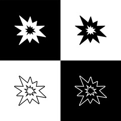 Poster - Set Bomb explosion with shrapnel and fireball icon isolated on black and white background. Vector