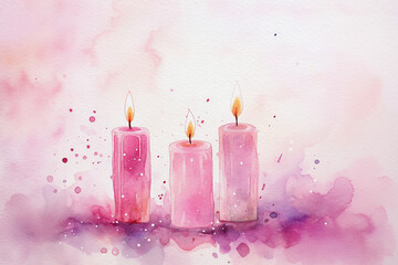 Wall Mural - Pretty loose watercolour style image of a christmas scene of three pink lit candles, and a pink wash watercolour background. Perfect as a card, invitation, social media or website header