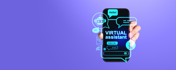 Man hand with phone, virtual assistant hologram with chat icons, copy space