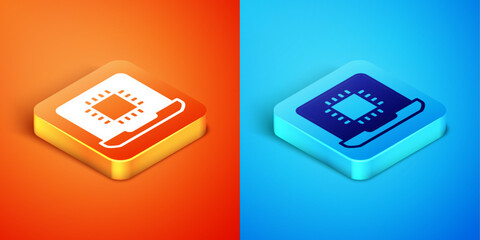 Poster - Isometric Computer processor with microcircuits CPU icon isolated on orange and blue background. Chip or cpu with circuit board. Micro processor. Vector