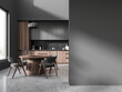 Grey home kitchen interior with eating and cooking space, mock up wall
