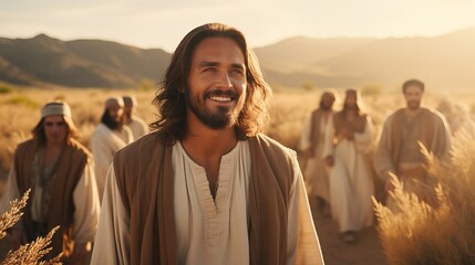 Wall Mural -  Jesus Christ and His disciples walk through a wheat field